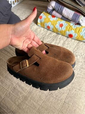 Papillio Brown Suede Mule Clogs with Black Lug Sole
